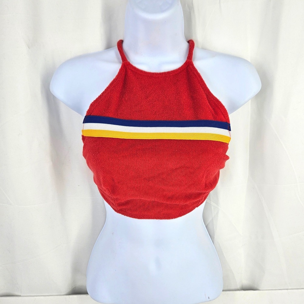 Forever 21 Red Terrycloth Halter Crop Top Lg Striped Retro Cross Tie Back Tank